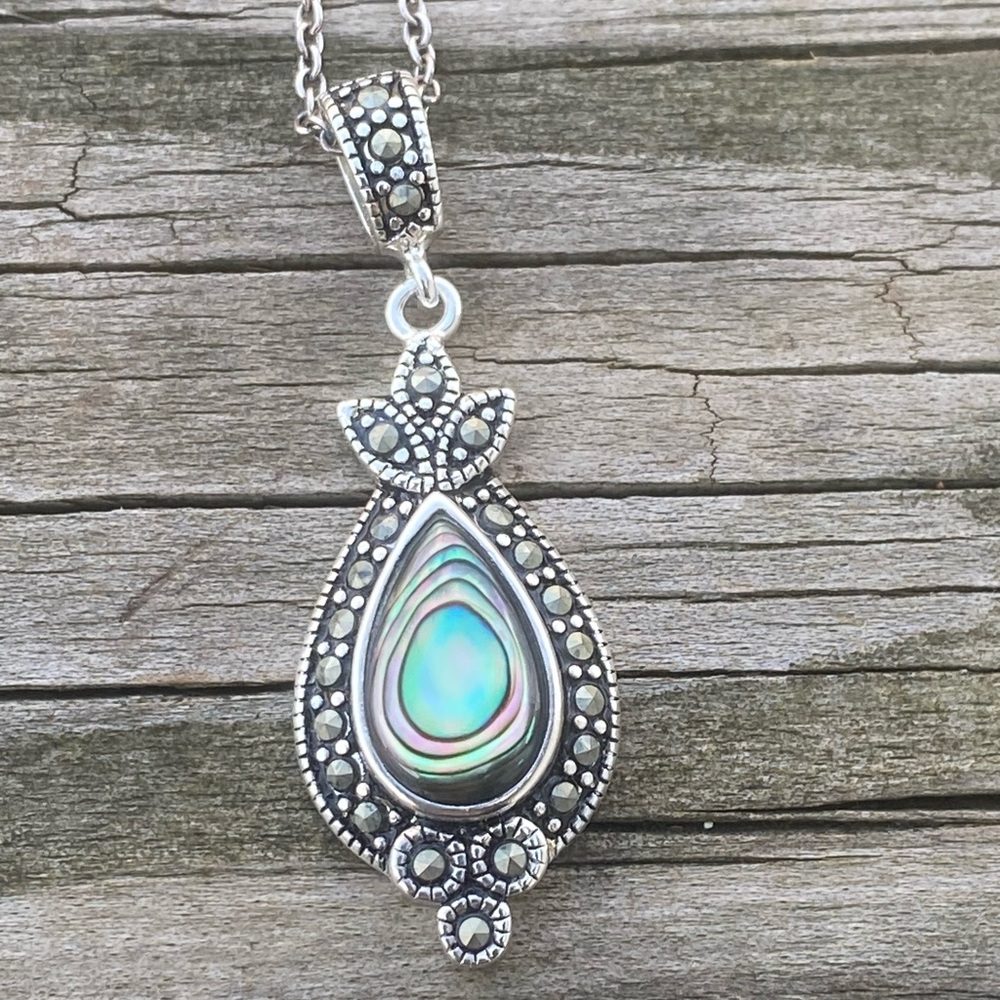 Abalone marcasite silver plated necklace new in box